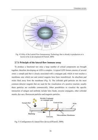 Literature review
16
2.7.1 Principle of the lateral flow immune assay
To produce a functional test strip a large number of critical components are brought
together, therefore developing an LFD is complex. A typical LFD format consists of several
zones: a sample pad that is closely associated with a conjugate pad, which in turn touches a
membrane onto which test and control reagents have been immobilized. An absorbent pad
wicks fluid away from the membrane (Fig. 5). The colloidal gold particles are the most
common detector reagents that are used for the visualization of a positive reaction; usually
these particles are available commercially. Other possibilities to visualize the specific
interaction of antigen and antibody include latex beads, enzyme conjugates, other colloidal
metals, dye sacs, fluorescent particles and magnetic particles.
Fig. 5: Configuraton of a lateral flow device (O'Farrell, 2009)
Fig. 4 Utility of the Lateral Flow Immunoassay Technology that is already in production or is
known to be in development (O’Farrell, 2009)
 