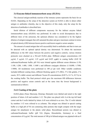 Materials and methods
29
3.4 Enzyme-linked immunosorbent assay (ELISA)
The classical antigen-antibody reaction of the immune system represents the basis for an
ELISA. Depending on the setup of the detection system an ELISA is able to detect either
antigen or antibodies whereby, due to the objective of this study, only the setup for the
detection of antibodies is described here.
Serial dilution of different components necessary for the indirect enzyme linked
immunosorbent assay (iELISA) was performed. In order to avoid discrepancies due to
different titers of the antiserum, the optimum dilution was considered to be the highest
dilution of antigen/conjugate that still saturated the plate and gave maximum contrast in terms
of optical density (OD) between known positive and known negative serum samples.
The amount of coated antigen that will successfully bind to antibodies and that in turn can
be detected with an optimal optical density was determined. To obtain the maximum
differences in the OD values between the positive and negative controls, various titration
protocols were checked on a 96-well ELISA plate. Different antigen concentrations (10
µg/ml, 5 µg/ml, 2.5 µg/ml, 1.25 µg/ml and 0.625 µg/ml) in coating buffer (0.05 M
carbonate/bicarbonate buffer, pH 9.6) were titrated against different serum dilutions (1:50,
1:100, 1:200, 1:400, 1:800, 1:1600 ) and different conjugate dilutions (1:10,000, 1:7500,
1:5000). All incubations were performed in 100 µl per well. Other variable conditions
included different coating times, different blocking agents (3 % BSA, 5 % fish gelatin, 2 %
casein, 20 % rabbit serum) and different Tween-20 concentrations (0.05 %, 0.1 %, 0.5 %) in
the washing buffer. The final protocol which gave the maximum OD differences between
positive and negative serum controls and at the same time the lowest background is
summarized as follows:
3.4.1 Coating of the plate
ELISA plates (Nunc Maxisorp, Glostrup, Denmark) were labeled and noted in the right
position of letters A-H and numbers 1-12. The plate was placed with A at the top left hand
corner and the 8 wells labeled by letters A-H were referred to as rows. The 12 wells labeled
by numbers 1-12 were referred to as columns. The antigen was diluted in special coating
buffer at a high pH of 9.6 not containing other proteins that might compete with the target
antigen for attachment to the plastic solid phase. Recombinant protein was diluted in
carbonate/bicarbonate buffer (pH 9.6) (Sigma, Deisenhofen, Germany) to a final
concentration of 4 µg/ml. The total amount of 100 µl of diluted antigen was pipetted with an 8
 