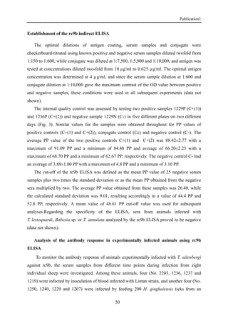 Publication1
50
Establishment of the rc9b indirect ELISA
The optimal dilutions of antigen coating, serum samples and conjugate were
checkerboard-titrated using known positive and negative serum samples diluted twofold from
1:150 to 1:600, while conjugate was diluted at 1:7,500, 1:5,000 and 1:10,000, and antigen was
tested at concentrations diluted two-fold from 10 µg/ml to 0.625 µg/ml. The optimal antigen
concentration was determined at 4 µg/ml, and since the serum sample dilution at 1:600 and
conjugate dilution at 1:10,000 gave the maximum contrast of the OD value between positive
and negative samples, these conditions were used in all subsequent experiments (data not
shown).
The internal quality control was assessed by testing two positive samples 1229P (C+(1))
and 1236P (C+(2)) and negative sample 1229N (C-) in five different plates on two different
days (Fig. 3). Similar values for the samples were obtained throughout for PP values of
positive controls (C+(1) and C+(2)), conjugate control (Cc) and negative control (C-). The
average PP value of the two positive controls C+(1) and C+(2) was 88.42±2.77 with a
maximum of 91.09 PP and a minimum of 84.40 PP and average of 66.20±2.23 with a
maximum of 68.70 PP and a minimum of 62.67 PP, respectively. The negative control C- had
an average of 3.88±1.00 PP with a maximum of 4.8 PP and a minimum of 3.10 PP.
The cut-off of the rc9b ELISA was defined as the mean PP value of 25 negative serum
samples plus two times the standard deviation or as the mean PP obtained from the negative
sera multiplied by two. The average PP value obtained from these samples was 26.40, while
the calculated standard deviation was 9.01, resulting accordingly in a value of 44.4 PP and
52.8 PP, respectively. A mean value of 48.61 PP cut-off value was used for subsequent
analyses.Regarding the specificity of the ELISA, sera from animals infected with
T. lestoquardi, Babesia sp. or T. annulata analyzed by the rc9b ELISA proved to be negative
(data not shown).
Analysis of the antibody response in experimentally infected animals using rc9b
ELISA
To monitor the antibody response of animals experimentally infected with T. uilenbergi
against rc9b, the serum samples from different time points during infection from eight
individual sheep were investigated. Among these animals, four (No. 2203, 1236, 1237 and
1219) were infected by inoculation of blood infected with Lintan strain, and another four (No.
1250, 1240, 1229 and 1207) were infected by feeding 200 H. qinghaiensis ticks from an
 
