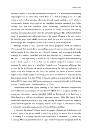 Publication1
53
serological method of choice for epidemioligcal surveys due to its practicability in examining
large sample sizes and relative low cost (Bidwell et al. 1978; Ruitenberg et al. 1977). The
optimized rc9b ELISA procedure effectively detected specific antibodies in T. uilenbergi
experimentally infected sheep applying an established threshold calculated from values
obtained from sera from uninfected sheep. Interestingly, experimental infection by
innoculation with infected blood resulted in an earlier and steeper rise in anti-rc9b antibody
titres than experimental infection with ticks carrying the pathogen. This perhaps reflects that
clone-9 is an antigen expressed in later stages of the parasite life cycle in the host, possibly
the merozoite stage, as the cDNA library from which the gene was isolated was generated
from this stage. This assumption will have to be clarified in future investigations.
Although absence of cross reactivity with related piroplasms could be ascertained
(T. lestoquardi, Babesia sp.), due to unavailability testing of sera from the most closely related
and very similar T. luwenshuni was not performed. However, some cross-reactivity is to be
expected, as a clone-2 family-like gene has been identified in T. luwenshuni (GenBank:
ACE86412.1) with high identity to clone-9 (84 %). Future investigations will need to identify
clone-2 family genes in T. luwenshuni and to perform comparative analyses of these
sequences for regions likely to be specific to T. uilenbergi or T. luwenshuni, which may then
be used for the development of specific serological assays for these two pathogens. It is
highly likely that members of this family are antigenic and induce a humoral immune
response, since besides clone-9 in this study, clone-2 was also shown to be reactive with sera
from infected animals (Liu et al, 2008a). To date, no such two tests are available, although the
indirect ELISA based on the TuIP protein shows some promise of being able to differentiate
between T. uilenbergi and T. luwenshuni (Liu et al, 2010).
The suitability of the rc9b ELISA for testing of field sera was established using field sera
collected from an endemic region in China. The rc9b ELISA showed an agreement of 85 % in
comparison with another recently established ELISA for detection of ovine theileriosis in
China based on a different recombinantly expressed antigen (TuIP). The reason for the
observed differences is not clear to date, being possibly due to the levels of the respective
specific antibodies present. This discrepancy will also be the subject of further studies aiming
to continually improve the serodiagnostics of ovine theileriosis in China.
In summary, the approach of using random sequencing of clones and bioinformatic tools
to predict antigenicity was successful in identifying an antigenic protein from a merozoite
cDNA library of T. uilenbergi suitable for the establishment of an indirect ELISA to be used
in serology. Moreover, the identification of a gene family with potential antigenicity holds the
 