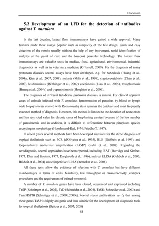 Discussion
81
5.2 Development of an LFD for the detection of antibodies
against T. annulata
In the last decades, lateral flow immunoassays have gained a wide approval. Many
features made these assays popular such as simplicity of the test design, quick and easy
detection of the results usually without the help of any instrument, rapid identification of
analytes at the point of care and the low-cost powerful technology. The lateral flow
immunoassays are valuable tools in medical, food, agricultural, environmental, industrial
diagnostics as well as in veterinary medicine (O’Farrell, 2009). For the diagnosis of many
protozoan diseases several assays have been developed, e.g. for babesiosis (Huang et al.,
2004a; Kim et al., 2007, 2008), malaria (Mills et al., 1999), cryptosporidiosis (Chan et al.,
2000), leishmaniasis (Reithinger et al., 2002), coccidiosis (Liao et al., 2005), toxoplasmosis
(Huang et al., 2004b) and trypanosomosis (Houghton et al., 2009).
The diagnosis of different tick-borne protozoan diseases is similar. For clinical apparent
cases of animals infected with T. annulata, demonstration of parasites by blood or lymph
node biopsy smears stained with Romanowsky stain remains the quickest and most frequently
executed method of diagnosis. However, this method is limited to the detection of acute cases
and has restricted value for chronic cases of long-lasting carriers because of the low number
of parasitaemia and in addition, it is difficult to differentiate between piroplasm species
according to morphology (Hooshmand-Rad, 1974; Friedhoff, 1997).
In recent years several methods have been developed and used for the direct diagnosis of
tropical theileriosis such as PCR (d'Oliveira et al., 1995), RLB (Gubbels et al. 1999), and
loop-mediated isothermal amplification (LAMP) (Salih et al., 2008). Regarding the
serodiagnosis, several approaches have been reported, including IFAT (Burridge and Kimber,
1973; Dhar and Gautam, 1977; Darghouth et al., 1996), indirect ELISA (Gubbels et al., 2000;
Bakheit et al., 2004) and competitive ELISA (Renneker et al., 2008).
All these tests allow the evidence of infection with T. annulata but have different
disadvantages in terms of costs, feasibility, low throughput or cross-reactivity, complex
procedures and the requirement of trained personnel.
A number of T. annulata genes have been cloned, sequenced and expressed including
TaSP (Schnittger et al., 2002), TaD (Schneider et al., 2004), TaSE (Schneider et al., 2003) and
TamtHSP70 (Schnittger et al., 2000b,2000c). Several recent publications verify that among
these genes TaSP is highly antigenic and thus suitable for the development of diagnostic tools
for tropical theileriosis (Seitzer et al., 2007; 2008)
 