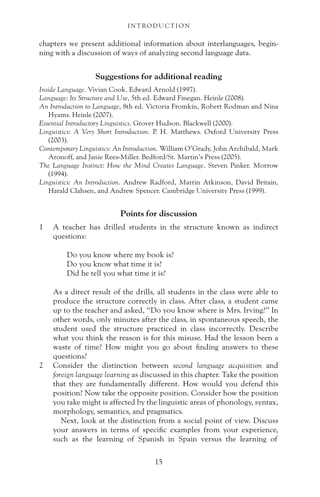 chapters we present additional information about interlanguages, begin-
ning with a discussion of ways of analyzing second language data.
Suggestions for additional reading
Inside Language. Vivian Cook. Edward Arnold (1997).
Language: Its Structure and Use, 5th ed. Edward Finegan. Heinle (2008).
An Introduction to Language, 8th ed. Victoria Fromkin, Robert Rodman and Nina
Hyams. Heinle (2007).
Essential Introductory Linguistics. Grover Hudson. Blackwell (2000).
Linguistics: A Very Short Introduction. P. H. Matthews. Oxford University Press
(2003).
Contemporary Linguistics: An Introduction. William O’Grady, John Archibald, Mark
Aronoff, and Janie Rees-Miller. Bedford/St. Martin’s Press (2005).
The Language Instinct: How the Mind Creates Language. Steven Pinker. Morrow
(1994).
Linguistics: An Introduction. Andrew Radford, Martin Atkinson, David Britain,
Harald Clahsen, and Andrew Spencer. Cambridge University Press (1999).
Points for discussion
1 A teacher has drilled students in the structure known as indirect
questions:
Do you know where my book is?
Do you know what time it is?
Did he tell you what time it is?
As a direct result of the drills, all students in the class were able to
produce the structure correctly in class. After class, a student came
up to the teacher and asked, “Do you know where is Mrs. Irving?” In
other words, only minutes after the class, in spontaneous speech, the
student used the structure practiced in class incorrectly. Describe
what you think the reason is for this misuse. Had the lesson been a
waste of time? How might you go about finding answers to these
questions?
2 Consider the distinction between second language acquisition and
foreign language learning as discussed in this chapter. Take the position
that they are fundamentally different. How would you defend this
position? Now take the opposite position. Consider how the position
you take might is affected by the linguistic areas of phonology, syntax,
morphology, semantics, and pragmatics.
Next, look at the distinction from a social point of view. Discuss
your answers in terms of specific examples from your experience,
such as the learning of Spanish in Spain versus the learning of
I N T RO D U C T I O N
15
 