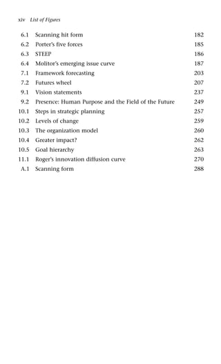 6.1 Scanning hit form 182
6.2 Porter’s five forces 185
6.3 STEEP 186
6.4 Molitor’s emerging issue curve 187
7.1 Framework forecasting 203
7.2 Futures wheel 207
9.1 Vision statements 237
9.2 Presence: Human Purpose and the Field of the Future 249
10.1 Steps in strategic planning 257
10.2 Levels of change 259
10.3 The organization model 260
10.4 Greater impact? 262
10.5 Goal hierarchy 263
11.1 Roger’s innovation diffusion curve 270
A.1 Scanning form 288
xiv List of Figures
 