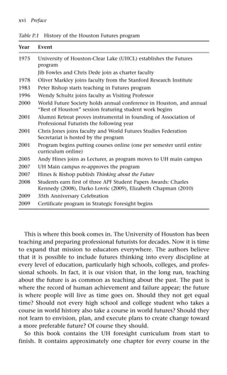 This is where this book comes in. The University of Houston has been
teaching and preparing professional futurists for decades. Now it is time
to expand that mission to educators everywhere. The authors believe
that it is possible to include futures thinking into every discipline at
every level of education, particularly high schools, colleges, and profes-
sional schools. In fact, it is our vision that, in the long run, teaching
about the future is as common as teaching about the past. The past is
where the record of human achievement and failure appear; the future
is where people will live as time goes on. Should they not get equal
time? Should not every high school and college student who takes a
course in world history also take a course in world futures? Should they
not learn to envision, plan, and execute plans to create change toward
a more preferable future? Of course they should.
So this book contains the UH foresight curriculum from start to
finish. It contains approximately one chapter for every course in the
xvi Preface
Table P.1 History of the Houston Futures program
Year Event
1975 University of Houston-Clear Lake (UHCL) establishes the Futures
program
Jib Fowles and Chris Dede join as charter faculty
1978 Oliver Markley joins faculty from the Stanford Research Institute
1983 Peter Bishop starts teaching in Futures program
1996 Wendy Schultz joins faculty as Visiting Professor
2000 World Future Society holds annual conference in Houston, and annual
“Best of Houston” session featuring student work begins
2001 Alumni Retreat proves instrumental in founding of Association of
Professional Futurists the following year
2001 Chris Jones joins faculty and World Futures Studies Federation
Secretariat is hosted by the program
2001 Program begins putting courses online (one per semester until entire
curriculum online)
2005 Andy Hines joins as Lecturer, as program moves to UH main campus
2007 UH Main campus re-approves the program
2007 Hines & Bishop publish Thinking about the Future
2008 Students earn first of three APF Student Papers Awards: Charles
Kennedy (2008), Darko Lovric (2009), Elizabeth Chapman (2010)
2009 35th Anniversary Celebration
2009 Certificate program in Strategic Foresight begins
 