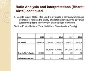 Ratio Analysis and Interpretations (Bharati
Airtel) continued....
5. Debt to Equity Ratio: It is used to evaluate a compan...