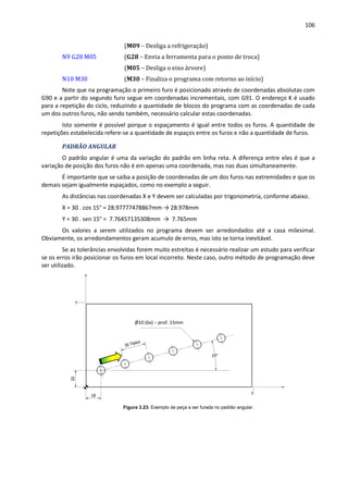106
(M09 – Desliga a refrigeração)
N9 G28 M05 (G28 – Envia a ferramenta para o ponto de troca)
(M05 – Desliga o eixo árvore)
N10 M30 (M30 – Finaliza o programa com retorno ao início)
Note que na programação o primeiro furo é posicionado através de coordenadas absolutas com
G90 e a partir do segundo furo segue em coordenadas incrementais, com G91. O endereço K é usado
para a repetição do ciclo, reduzindo a quantidade de blocos do programa com as coordenadas de cada
um dos outros furos, não sendo também, necessário calcular estas coordenadas.
Isto somente é possível porque o espaçamento é igual entre todos os furos. A quantidade de
repetições estabelecida refere-se a quantidade de espaços entre os furos e não a quantidade de furos.
PADRÃO ANGULAR
O padrão angular é uma da variação do padrão em linha reta. A diferença entre eles é que a
variação de posição dos furos não é em apenas uma coordenada, mas nas duas simultaneamente.
É importante que se saiba a posição de coordenadas de um dos furos nas extremidades e que os
demais sejam igualmente espaçados, como no exemplo a seguir.
As distâncias nas coordenadas X e Y devem ser calculadas por trigonometria, conforme abaixo.
X = 30 . cos 15° = 28.97777478867mm → 28.978mm
Y = 30 . sen 15° = 7.76457135308mm → 7.765mm
Os valores a serem utilizados no programa devem ser arredondados até a casa milesimal.
Obviamente, os arredondamentos geram acumulo de erros, mas isto se torna inevitável.
Se as tolerâncias envolvidas forem muito estreitas é necessário realizar um estudo para verificar
se os erros irão posicionar os furos em local incorreto. Neste caso, outro método de programação deve
ser utilizado.
Figura 3.23: Exemplo de peça a ser furada no padrão angular.
Ø10 (6x) – prof. 15mm
 