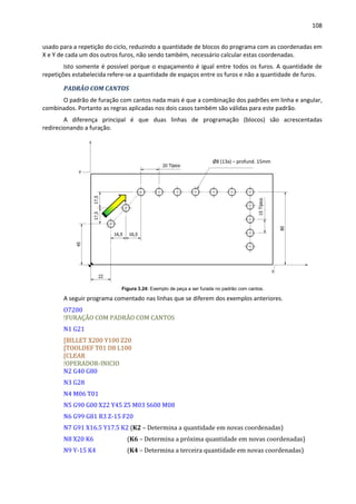 108
usado para a repetição do ciclo, reduzindo a quantidade de blocos do programa com as coordenadas em
X e Y de cada um dos outros furos, não sendo também, necessário calcular estas coordenadas.
Isto somente é possível porque o espaçamento é igual entre todos os furos. A quantidade de
repetições estabelecida refere-se a quantidade de espaços entre os furos e não a quantidade de furos.
PADRÃO COM CANTOS
O padrão de furação com cantos nada mais é que a combinação dos padrões em linha e angular,
combinados. Portanto as regras aplicadas nos dois casos também são válidas para este padrão.
A diferença principal é que duas linhas de programação (blocos) são acrescentadas
redirecionando a furação.
Figura 3.24: Exemplo de peça a ser furada no padrão com cantos.
A seguir programa comentado nas linhas que se diferem dos exemplos anteriores.
O7200
!FURAÇÃO COM PADRÃO COM CANTOS
N1 G21
[BILLET X200 Y100 Z20
[TOOLDEF T01 D8 L100
[CLEAR
!OPERADOR-INICIO
N2 G40 G80
N3 G28
N4 M06 T01
N5 G90 G00 X22 Y45 Z5 M03 S600 M08
N6 G99 G81 R3 Z-15 F20
N7 G91 X16.5 Y17.5 K2 (K2 – Determina a quantidade em novas coordenadas)
N8 X20 K6 (K6 – Determina a próxima quantidade em novas coordenadas)
N9 Y-15 K4 (K4 – Determina a terceira quantidade em novas coordenadas)
Ø8 (13x) – profund. 15mm
 