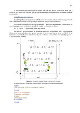 111
O procedimento de programação se repete até que seja feito o último furo. Note que a
instrução G91 não é mais repetida, pois, as coordenadas para os deslocamentos desejados ainda são
incrementais.
PADRÃO GRELHA INCLINADA
O padrão grelha inclinada pode ser definida como um conjunto de furos alinhados angularmente
com a vertical e/ou horizontal com igual espaçamento em direção inclinada a X e/ou Y.
Se necessário, as distâncias nas coordenadas X e Y devem ser calculadas por trigonometria, no
exemplo a seguir, deve-se calcular a variação de posição em X, conforme abaixo.
X = 20 . tan 15° = 5.358983848622mm → 5.359mm
Os valores a serem utilizados no programa devem ser arredondados até a casa milesimal.
Obviamente, os arredondamentos geram acumulo de erros, mas isto se torna inevitável. Se as
tolerâncias envolvidas forem muito estreitas deve-se verificar se o arredondamento não irá prejudicar a
o posicionamento dos furos.
Figura 3.26: Exemplo de peça a ser furada no padrão grelha inclinada.
A seguir programa comentado nas linhas que se diferem dos exemplos anteriores.
O7500
!FURAÇÃO COM PADRÃO GRELHA INCLINADA
N1 G21
[BILLET X120 Y100 Z20
[TOOLDEF T01 D6 L80
[CLEAR
!OPERADOR-INICIO
N2 G40 G80
N3 G28
 