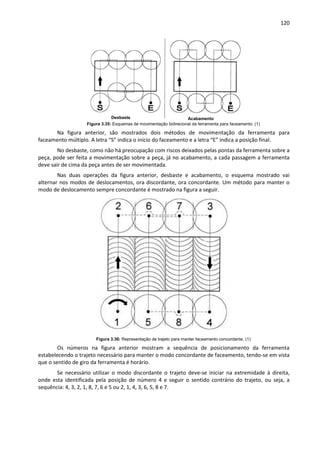 120
Figura 3.35: Esquemas de movimentação bidirecional da ferramenta para faceamento. (1)
Na figura anterior, são mostrados dois métodos de movimentação da ferramenta para
faceamento múltiplo. A letra “S” indica o início do faceamento e a letra “E” indica a posição final.
No desbaste, como não há preocupação com riscos deixados pelas pontas da ferramenta sobre a
peça, pode ser feita a movimentação sobre a peça, já no acabamento, a cada passagem a ferramenta
deve sair de cima da peça antes de ser movimentada.
Nas duas operações da figura anterior, desbaste e acabamento, o esquema mostrado vai
alternar nos modos de deslocamentos, ora discordante, ora concordante. Um método para manter o
modo de deslocamento sempre concordante é mostrado na figura a seguir.
Figura 3.36: Representação de trajeto para manter faceamento concordante. (1)
Os números na figura anterior mostram a sequência de posicionamento da ferramenta
estabelecendo o trajeto necessário para manter o modo concordante de faceamento, tendo-se em vista
que o sentido de giro da ferramenta é horário.
Se necessário utilizar o modo discordante o trajeto deve-se iniciar na extremidade à direita,
onde esta identificada pela posição de número 4 e seguir o sentido contrário do trajeto, ou seja, a
sequência: 4, 3, 2, 1, 8, 7, 6 e 5 ou 2, 1, 4, 3, 6, 5, 8 e 7.
Desbaste Acabamento
 