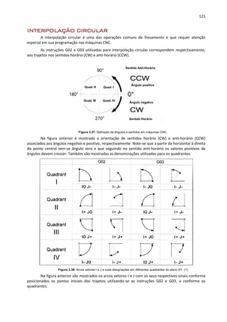 121
INTERPOLAÇÃO CIRCULAR
A interpolação circular é uma das operações comuns de fresamento e que requer atenção
especial em sua programação nas máquinas CNC.
As instruções G02 e G03 utilizadas para interpolação circular correspondem respectivamente,
aos trajetos nos sentidos horário (CW) e anti-horário (CCW).
Figura 3.37: Definição de ângulos e sentidos em máquinas CNC.
Na figura anterior é mostrada a orientação de sentidos horário (CW) e anti-horário (CCW)
associados aos ângulos negativo e positivo, respectivamente. Note-se que a partir da horizontal à direita
do ponto central tem-se ângulo zero e que seguindo no sentido anti-horário os valores positivos de
ângulos devem crescer. Também são mostradas as denominações utilizadas para os quadrantes.
Figura 3.38: Arcos vetores I e J e suas designações em diferentes quadrantes do plano XY. (1)
Na figura anterior são mostrados os arcos vetores I e J com os seus respectivos sinais conforme
posicionados os pontos iniciais dos trajetos utilizando-se as instruções G02 e G03, e conforme os
quadrantes.
Sentido Anti-Horário
Ângulo positivo
Sentido Horário
Ângulo negativo
Quad. IQuad. II
Quad. III Quad. IV
 