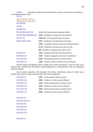 124
O1200 (Exemplo de aplicação de rebaixamento circular, com círculos concêntricos,
sem compensação de raio)
N1 G21
[BILLET X100 Y100 Z20
[TOOLDEF T01 D20 L100
N2 G40 G80
N3 G28
N4 M06 T01
N5 G90 G00 X10 Y0 Z2 (Move a ferramenta para a posição inicial)
N6 G94 M03 S600 M08 F50 (G94 – Estabelece o avanço em mm/minuto)
N7 G01 Z-2 (G01 Z-2 – A fresa penetra 2mm na peça)
N8 G91 G02 I-10 J0 (G91 – Estabelece coordenada incremental)
(G02 – Estabelece Interp. circular em sentido horário)
(I-10 – Estabelece a distância do centro em X)
(J0 – Estabelece a distância do centro em Y)
N9 G01 X10 (G01 – Deslocamento linear de 10mm em X)
N10 G02 I-20 (G02 – Realiza o segundo círculo com raio 20mm)
N11 G01 X10 (G01 – Deslocamento linear de 10mm em X)
N12 G02 I-30 (G02 – Realiza o terceiro círculo com raio 30mm)
Até este ponto do programa foram usinados três círculos concêntricos, cada um maior que o
anterior até a medida final do diâmetro, desconsiderando-se a necessidade ou não de acabamento
lateral do rebaixo.
Com os blocos seguintes, são realizados três círculos concêntricos, cada um menor que o
anterior até o centro. E assim sucessivamente até o final do programa.
N13 G01 Z-2 (G01 – A fresa penetra 2mm na peça)
N14 G02 I-30 (G02 – Realiza o círculo com raio 30mm)
N15 G01 X-10 (G01 – Deslocamento linear de 10mm em X)
N16 G02 I-20 (G02 – Realiza o círculo com raio 20mm)
N17 G01 X-10 (G01 – Deslocamento linear de 10mm em X)
N18 G02 I-10 (G02 – Realiza o círculo com raio 10mm)
N19 G01 Z-2
N20 G91 G02 I-10
N21 G01 X10
N22 G02 I-20
N23 G01 X10
N24 G02 I-30
N25 G01 Z-2
 