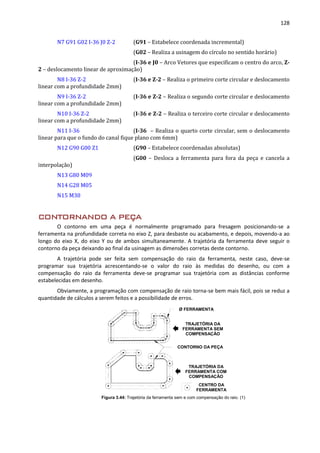 128
N7 G91 G02 I-36 J0 Z-2 (G91 – Estabelece coordenada incremental)
(G02 – Realiza a usinagem do círculo no sentido horário)
(I-36 e J0 – Arco Vetores que especificam o centro do arco, Z-
2 – deslocamento linear de aproximação)
N8 I-36 Z-2 (I-36 e Z-2 – Realiza o primeiro corte circular e deslocamento
linear com a profundidade 2mm)
N9 I-36 Z-2 (I-36 e Z-2 – Realiza o segundo corte circular e deslocamento
linear com a profundidade 2mm)
N10 I-36 Z-2 (I-36 e Z-2 – Realiza o terceiro corte circular e deslocamento
linear com a profundidade 2mm)
N11 I-36 (I-36 – Realiza o quarto corte circular, sem o deslocamento
linear para que o fundo do canal fique plano com 6mm)
N12 G90 G00 Z1 (G90 – Estabelece coordenadas absolutas)
(G00 – Desloca a ferramenta para fora da peça e cancela a
interpolação)
N13 G80 M09
N14 G28 M05
N15 M30
CONTORNANDO A PEÇA
O contorno em uma peça é normalmente programado para fresagem posicionando-se a
ferramenta na profundidade correta no eixo Z, para desbaste ou acabamento, e depois, movendo-a ao
longo do eixo X, do eixo Y ou de ambos simultaneamente. A trajetória da ferramenta deve seguir o
contorno da peça deixando ao final da usinagem as dimensões corretas deste contorno.
A trajetória pode ser feita sem compensação do raio da ferramenta, neste caso, deve-se
programar sua trajetória acrescentando-se o valor do raio às medidas do desenho, ou com a
compensação do raio da ferramenta deve-se programar sua trajetória com as distâncias conforme
estabelecidas em desenho.
Obviamente, a programação com compensação de raio torna-se bem mais fácil, pois se reduz a
quantidade de cálculos a serem feitos e a possibilidade de erros.
Figura 3.44: Trajetória da ferramenta sem e com compensação do raio. (1)
Ø FERRAMENTA
TRAJETÓRIA DA
FERRAMENTA SEM
COMPENSAÇÃO
TRAJETÓRIA DA
FERRAMENTA COM
COMPENSAÇÃO
CENTRO DA
FERRAMENTA
CONTORNO DA PEÇA
 