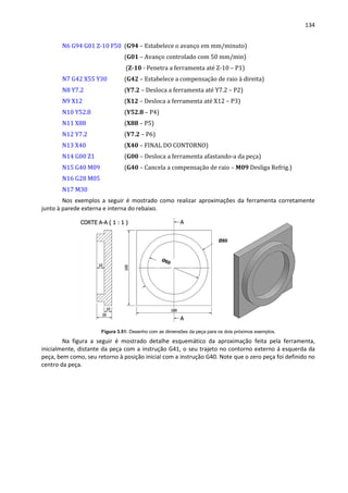 134
N6 G94 G01 Z-10 F50 (G94 – Estabelece o avanço em mm/minuto)
(G01 – Avanço controlado com 50 mm/min)
(Z-10 - Penetra a ferramenta até Z-10 – P1)
N7 G42 X55 Y30 (G42 – Estabelece a compensação de raio à direita)
N8 Y7.2 (Y7.2 – Desloca a ferramenta até Y7.2 – P2)
N9 X12 (X12 – Desloca a ferramenta até X12 – P3)
N10 Y52.8 (Y52.8 – P4)
N11 X88 (X88 – P5)
N12 Y7.2 (Y7.2 – P6)
N13 X40 (X40 – FINAL DO CONTORNO)
N14 G00 Z1 (G00 – Desloca a ferramenta afastando-a da peça)
N15 G40 M09 (G40 – Cancela a compensação de raio – M09 Desliga Refrig.)
N16 G28 M05
N17 M30
Nos exemplos a seguir é mostrado como realizar aproximações da ferramenta corretamente
junto à parede externa e interna do rebaixo.
Figura 3.51: Desenho com as dimensões da peça para os dois próximos exemplos.
Na figura a seguir é mostrado detalhe esquemático da aproximação feita pela ferramenta,
inicialmente, distante da peça com a instrução G41, o seu trajeto no contorno externo á esquerda da
peça, bem como, seu retorno à posição inicial com a instrução G40. Note que o zero peça foi definido no
centro da peça.
Ø80
 