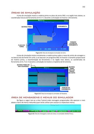 142
ÁREAS DE SIMULAÇÃO
A área de simulação mostra a matéria prima na placa do torno CNC e na região mais abaixo, as
coordenadas futuras da ferramenta em X e Y. E durante a simulação irá mostrar a ferramenta.
Figura 4.4: Área de simulação do simulador de torno.
A área de simulação mostra inicialmente a matéria prima sobre a mesa do centro de usinagem e
na lateral vista de frente em corte, e ao executar um programa CNC irá mostrar o tamanho proporcional
da matéria prima, a movimentação da ferramenta e na região mais abaixo, as coordenadas da
ferramenta em X, Y e Z. E durante a simulação irá mostrar a trajetória da ferramenta.
Figura 4.5: Área de simulação do simulador de fresadora.
ÁREA DE MENSAGENS E MENUS DO SIMULADOR
Na figura a seguir tem-se a área Tutorial onde mensagens programadas irão aparecer e mais
abaixo a barra de menus indicando quais teclas utilizar para acessar os respectivos menus.
Figura 4.6: Área de mensagens e barra de menus do simulador Denford Fanuc.
MATÉRIA PRIMA FERRAMENTA
POSIÇÃO
FUTURA DA
FERRAMENTAPLACA DO
TORNO
MATÉRIA PRIMA EM
VISTA SUPERIOR MATÉRIA
PRIMA
VISTA DE
FRENTE
EM CORTE
POSIÇÃO DA
FERRAMENTA
 