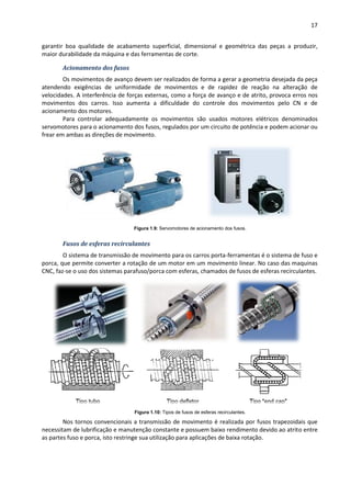 17
garantir boa qualidade de acabamento superficial, dimensional e geométrica das peças a produzir,
maior durabilidade da máquina e das ferramentas de corte.
Acionamento dos fusos
Os movimentos de avanço devem ser realizados de forma a gerar a geometria desejada da peça
atendendo exigências de uniformidade de movimentos e de rapidez de reação na alteração de
velocidades. A interferência de forças externas, como a força de avanço e de atrito, provoca erros nos
movimentos dos carros. Isso aumenta a dificuldade do controle dos movimentos pelo CN e de
acionamento dos motores.
Para controlar adequadamente os movimentos são usados motores elétricos denominados
servomotores para o acionamento dos fusos, regulados por um circuito de potência e podem acionar ou
frear em ambas as direções de movimento.
Figura 1.9: Servomotores de acionamento dos fusos.
Fusos de esferas recirculantes
O sistema de transmissão de movimento para os carros porta-ferramentas é o sistema de fuso e
porca, que permite converter a rotação de um motor em um movimento linear. No caso das maquinas
CNC, faz-se o uso dos sistemas parafuso/porca com esferas, chamados de fusos de esferas recirculantes.
Figura 1.10: Tipos de fusos de esferas recirculantes.
Nos tornos convencionais a transmissão de movimento é realizada por fusos trapezoidais que
necessitam de lubrificação e manutenção constante e possuem baixo rendimento devido ao atrito entre
as partes fuso e porca, isto restringe sua utilização para aplicações de baixa rotação.
 