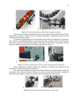 21
a) b)
Figura 1.16: Trocadores de ferramentas automáticos tipos: a) magazine b) carrossel.
Nos centros de usinagem, principalmente, são comuns as guias lineares e patins, pois permitem
deslocamentos rápidos e exatos mesmo em grandes velocidades e acelerações devido ao baixo
coeficiente de atrito entre os trilhos.
O sistema de refrigeração garante a manutenção de níveis baixos de temperatura na usinagem e
assim, mantém à estabilidade geométrica e dimensional da peça, aumenta a vida útil da ferramenta,
pois, retira os cavacos das proximidades, lubrifica a região para o corte e reduz o seu desgaste, além de
preservar a máquina de distorções de alinhamento e aumentar sua vida útil.
a) b)
Figura 1.17: a) Fluído conduzido pelo interior da torre; b) Fluído conduzido pelo interior da ferramenta.
Outros equipamentos opcionais podem ser utilizados na máquina para melhoria de seu
desempenho, auxílio na preparação ou limpeza, etc.
Entre os principais equipamentos opcionais utilizados estão os sensores de desgaste e quebra de
ferramentas. Estes sensores detectam diferenças na aresta cortante permitindo que a posição da
ferramenta seja corrigida ou trocada. Os sensores comuns são aqueles de contato e laser.
a) b)
Figura 1.18: Sensores de desgaste de ferramentas tipos: a) contato b) laser.
 
