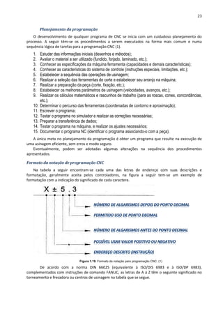 23
Planejamento da programação
O desenvolvimento de qualquer programa de CNC se inicia com um cuidadoso planejamento do
processo. A seguir têm-se os procedimentos a serem executados na forma mais comum e numa
sequência lógica de tarefas para a programação CNC (1).
1. Estudar das informações iniciais (desenhos e métodos);
2. Avaliar o material a ser utilizado (fundido, forjado, laminado, etc.);
3. Conhecer as especificações da máquina ferramenta (capacidades e demais características);
4. Conhecer as características do sistema de controle (instruções especiais, limitações, etc.);
5. Estabelecer a sequência das operações de usinagem;
6. Realizar a seleção das ferramentas de corte e estabelecer seu arranjo na máquina;
7. Realizar a preparação da peça (corte, fixação, etc.);
8. Estabelecer os melhores parâmetros de usinagem (velocidades, avanços, etc.);
9. Realizar os cálculos matemáticos e rascunhos de trabalho (para as roscas, cones, concordâncias,
etc.);
10. Determinar o percurso das ferramentas (coordenadas de contorno e aproximação);
11. Escrever o programa;
12. Testar o programa no simulador e realizar as correções necessárias;
13. Preparar a transferência de dados;
14. Testar o programa na máquina, e realizar os ajustes necessários;
15. Documentar o programa NC (identificar o programa associando-o com a peça).
A única meta no planejamento da programação é obter um programa que resulte na execução de
uma usinagem eficiente, sem erros e modo seguro.
Eventualmente, podem ser adotadas algumas alterações na sequência dos procedimentos
apresentados.
Formato da notação de programação CNC
Na tabela a seguir encontram-se cada uma das letras de endereço com suas descrições e
formatação, geralmente aceita pelos controladores, na figura a seguir tem-se um exemplo de
formatação com a indicação do significado de cada caractere.
Figura 1.19: Formato da notação para programação CNC. (1)
De acordo com a norma DIN 66025 (equivalente à ISO/DIS 6983 e à ISO/DP 6983),
complementados com instruções de comando FANUC, as letras de A á Z têm o seguinte significado no
torneamento e fresadora ou centros de usinagem na tabela que se segue.
 