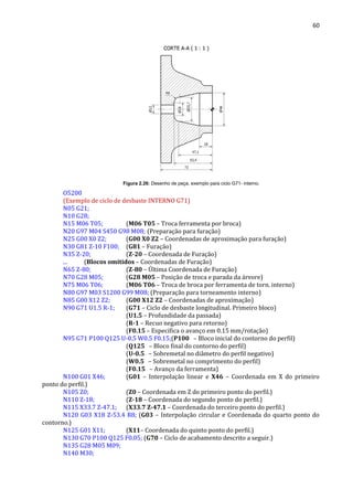 60
Figura 2.26: Desenho de peça, exemplo para ciclo G71- interno.
O5200
(Exemplo de ciclo de desbaste INTERNO G71)
N05 G21;
N10 G28;
N15 M06 T05; (M06 T05 – Troca ferramenta por broca)
N20 G97 M04 S450 G98 M08; (Preparação para furação)
N25 G00 X0 Z2; (G00 X0 Z2 – Coordenadas de aproximação para furação)
N30 G81 Z-10 F100; (G81 – Furação)
N35 Z-20; (Z-20 – Coordenada de Furação)
... (Blocos omitidos – Coordenadas de Furação)
N65 Z-80; (Z-80 – Última Coordenada de Furação)
N70 G28 M05; (G28 M05 – Posição de troca e parada da árvore)
N75 M06 T06; (M06 T06 – Troca de broca por ferramenta de torn. interno)
N80 G97 M03 S1200 G99 M08; (Preparação para torneamento interno)
N85 G00 X12 Z2; (G00 X12 Z2 – Coordenadas de aproximação)
N90 G71 U1.5 R-1; (G71 – Ciclo de desbaste longitudinal. Primeiro bloco)
(U1.5 – Profundidade da passada)
(R-1 – Recuo negativo para retorno)
(F0.15 – Especifica o avanço em 0.15 mm/rotação)
N95 G71 P100 Q125 U-0.5 W0.5 F0.15;(P100 – Bloco inicial do contorno do perfil)
(Q125 – Bloco final do contorno do perfil)
(U-0.5 – Sobremetal no diâmetro do perfil negativo)
(W0.5 – Sobremetal no comprimento do perfil)
(F0.15 – Avanço da ferramenta)
N100 G01 X46; (G01 – Interpolação linear e X46 – Coordenada em X do primeiro
ponto do perfil.)
N105 Z0; (Z0 – Coordenada em Z do primeiro ponto do perfil.)
N110 Z-18; (Z-18 – Coordenada do segundo ponto do perfil.)
N115 X33.7 Z-47.1; (X33.7 Z-47.1 – Coordenada do terceiro ponto do perfil.)
N120 G03 X18 Z-53.4 R8; (G03 – Interpolação circular e Coordenada do quarto ponto do
contorno.)
N125 G01 X11; (X11– Coordenada do quinto ponto do perfil.)
N130 G70 P100 Q125 F0.05; (G70 – Ciclo de acabamento descrito a seguir.)
N135 G28 M05 M09;
N140 M30;
 