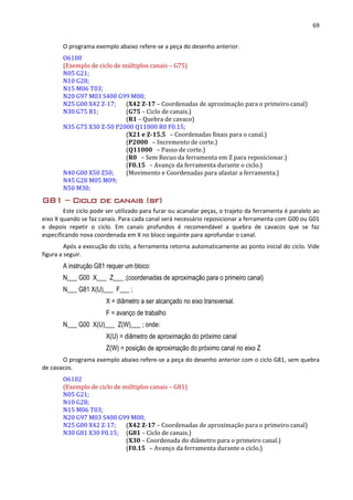 69
O programa exemplo abaixo refere-se a peça do desenho anterior.
O6100
(Exemplo de ciclo de múltiplos canais – G75)
N05 G21;
N10 G28;
N15 M06 T03;
N20 G97 M03 S400 G99 M08;
N25 G00 X42 Z-17; (X42 Z-17 – Coordenadas de aproximação para o primeiro canal)
N30 G75 R1; (G75 – Ciclo de canais.)
(R1 – Quebra de cavaco)
N35 G75 X30 Z-50 P2000 Q11000 R0 F0.15;
(X21 e Z-15.5 – Coordenadas finais para o canal.)
(P2000 – Incremento de corte.)
(Q11000 – Passo de corte.)
(R0 – Sem Recuo da ferramenta em Z para reposicionar.)
(F0.15 – Avanço da ferramenta durante o ciclo.)
N40 G00 X50 Z50; (Movimento e Coordenadas para afastar a ferramenta.)
N45 G28 M05 M09;
N50 M30;
G81 – Ciclo de canais (sf)
Este ciclo pode ser utilizado para furar ou acanalar peças, o trajeto da ferramenta é paralelo ao
eixo X quando se faz canais. Para cada canal será necessário reposicionar a ferramenta com G00 ou G01
e depois repetir o ciclo. Em canais profundos é recomendável a quebra de cavacos que se faz
especificando nova coordenada em X no bloco seguinte para aprofundar o canal.
Após a execução do ciclo, a ferramenta retorna automaticamente ao ponto inicial do ciclo. Vide
figura a seguir.
A instrução G81 requer um bloco:
N___ G00 X___ Z___ ;(coordenadas de aproximação para o primeiro canal)
N___ G81 X(U)___ F___ ;
X = diâmetro a ser alcançado no eixo transversal.
F = avanço de trabalho
N___ G00 X(U)___ Z(W)___ ; onde:
X(U) = diâmetro de aproximação do próximo canal
Z(W) = posição de aproximação do próximo canal no eixo Z
O programa exemplo abaixo refere-se a peça do desenho anterior com o ciclo G81, sem quebra
de cavacos.
O6102
(Exemplo de ciclo de múltiplos canais – G81)
N05 G21;
N10 G28;
N15 M06 T03;
N20 G97 M03 S400 G99 M08;
N25 G00 X42 Z-17; (X42 Z-17 – Coordenadas de aproximação para o primeiro canal)
N30 G81 X30 F0.15; (G81 – Ciclo de canais.)
(X30 – Coordenada do diâmetro para o primeiro canal.)
(F0.15 – Avanço da ferramenta durante o ciclo.)
 