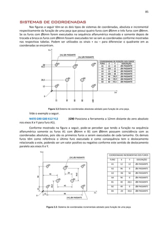 85
SISTEMAS DE COORDENADAS
Nas figuras a seguir têm-se os dois tipos de sistemas de coordenadas, absoluta e incremental
respectivamente da furação de uma peça que possui quatro furos com Ø6mm e três furos com Ø8mm.
Se os furos com Ø6mm forem executados na sequência alfanumérica mostrada e somente depois de
trocada a broca os furos com Ø8mm fossem executados ter-se-iam as coordenadas conforme mostradas
nas respectivas tabelas. Podem ser utilizados os sinais + ou – para diferenciar o quadrante em as
coordenadas se encontram.
Figura 3.2:Sistema de coordenadas absolutas adotado para furação de uma peça.
Vide o exemplo a seguir.
N470 G90 G00 X12 Y12 (G90 Posiciona a ferramenta a 12mm distante do zero absoluto
nos eixos X e Y para furo A1).
Conforme mostrado na figura a seguir, pode-se perceber que tendo a furação na sequência
alfanumérica somente os furos A1 com Ø6mm e B1 com Ø8mm possuem coincidência com as
coordenadas absolutas, pois são os primeiros furos a serem executados de cada tamanho. Os demais
furos têm como referência o último furo executado e como consequência tem o deslocamento
relacionado a este, podendo ser um valor positivo ou negativo conforme este sentido de deslocamento
paralelo aos eixos X e Y.
Figura 3.3: Sistema de coordenadas incrementais adotado para furação de uma peça.
COORDENADAS INCREMENTAIS DOS FUROS
FURO X Y DESCRIÇÃO
A1 12 12 Ø6 PASSANTE
A2 96 0 Ø6 PASSANTE
A3 -96 56 Ø6 PASSANTE
A4 96 0 Ø6 PASSANTE
B1 40 28,5 Ø8 PASSANTE
B2 40 0 Ø8 PASSANTE
B3 -20 34,6 Ø8 PASSANTE
 