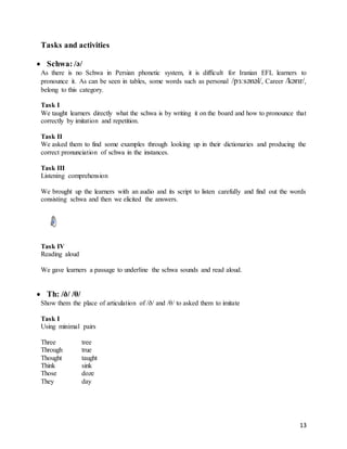 13
Tasks and activities
 Schwa: /ə/
As there is no Schwa in Persian phonetic system, it is difficult for Iranian EFL learners to
pronounce it. As can be seen in tables, some words such as personal /pɜːsənəl/, Career /kərɪr/,
belong to this category.
Task I
We taught learners directly what the schwa is by writing it on the board and how to pronounce that
correctly by imitation and repetition.
Task II
We asked them to find some examples through looking up in their dictionaries and producing the
correct pronunciation of schwa in the instances.
Task III
Listening comprehension
We brought up the learners with an audio and its script to listen carefully and find out the words
consisting schwa and then we elicited the answers.
Task IV
Reading aloud
We gave learners a passage to underline the schwa sounds and read aloud.
 Th: /ð/ /θ/
Show them the place of articulation of /ð/ and /θ/ to asked them to imitate
Task I
Using minimal pairs
Three tree
Through true
Thought taught
Think sink
Those doze
They day
 