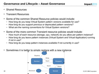4444 © 2013 IBM Corporation
Governance and Lifecycle – Asset Governance
• Shared Resources
• Transient Resources
• Some of the common Shared Resource policies would include:
‒ How long do you keep Virtual System pattern versions available for use?
‒ How long do you support previous or deprecated pattern versions?
‒ What are the naming conventions for Virtual System versions?
• Some of the more common Transient resource policies would include:
‒ How much of each resource (storage, cpu, network) do you allow per pattern instance?
‒ How long do you leave pattern instances (Virtual System and Virtual Application) running
if not in use?
‒ How long do you keep pattern instances available if not currently in use?
• Sometimes it is better to simply replace with a new instance
 