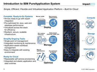 66 © 2013 IBM Corporation
Introduction to IBM PureApplication System
Simple, Efficient, Flexible and Virtualized Application Platform – Built for Cloud
Best practice,
pattern-based
Manual, brittle
Policy based
elasticity, single view
OS, runtime,
resources
Manual
optimizations
on-site
Pre-optimized
by experts
Deploy
Manage
Optimize
Interconnect
Storage
Compute
Complete, Ready-to-Go Systems
•Arrives ready to go with expert
integration
•Pre-optimized for Java, web and
database performance
•Virtualized across the stack
for efficiency
•Resilient, secure, scalable
infrastructure
Simplify Ongoing Tasks
•Single point of management
•Integrated monitoring & maintenance
•Application-aware workload
management
•Easy to integrate with existing
environment
Ready for Cloud
•Repeatable self service provisioning
•Integrated and elastic application and
data runtimes
 