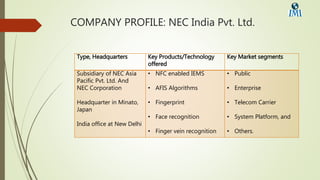 COMPANY PROFILE: NEC India Pvt. Ltd.
Type, Headquarters Key Products/Technology
offered
Key Market segments
Subsidiary of NEC Asia
Pacific Pvt. Ltd. And
NEC Corporation
Headquarter in Minato,
Japan
India office at New Delhi
• NFC enabled IEMS
• AFIS Algorithms
• Fingerprint
• Face recognition
• Finger vein recognition
• Public
• Enterprise
• Telecom Carrier
• System Platform, and
• Others.
 