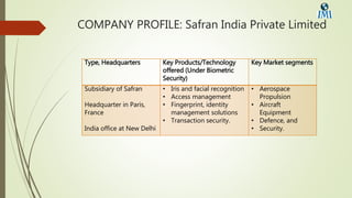 COMPANY PROFILE: Safran India Private Limited
Type, Headquarters Key Products/Technology
offered (Under Biometric
Security)
Key Market segments
Subsidiary of Safran
Headquarter in Paris,
France
India office at New Delhi
• Iris and facial recognition
• Access management
• Fingerprint, identity
management solutions
• Transaction security.
• Aerospace
Propulsion
• Aircraft
Equipment
• Defence, and
• Security.
 
