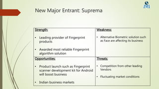 New Major Entrant: Suprema
Strength:
• Leading provider of Fingerprint
products
• Awarded most reliable Fingerprint
algorithm solution
Weakness:
• Alternative Biometric solution such
as Face are affecting its business
Opportunities:
• Product launch such as Fingerprint
scanner development kit for Android
will boost business
• Indian business markets
Threats:
• Competition from other leading
Vendors
• Fluctuating market conditions
 