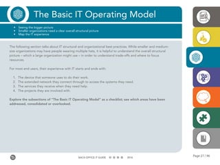Page 27 / 96BACK-OFFICE IT GUIDE 2016
The Basic IT Operating Model
•	 Seeing the bigger picture
•	 Smaller organizations need a clear overall structural picture
•	 Map the IT experience
The following section talks about IT structural and organizational best practices. While smaller and medium-
size organizations may have people wearing multiple hats, it is helpful to understand the overall structural
picture – which a large organization might use – in order to understand trade-offs and where to focus
resources.
For most end users, their experience with IT starts and ends with:
1.	 The device that someone uses to do their work.
2.	 The extended network they connect through to access the systems they need.
3.	 The services they receive when they need help.
4.	 The projects they are involved with.
Explore the subsections of “The Basic IT Operating Model” as a checklist; see which areas have been
addressed, consolidated or overlooked.
 