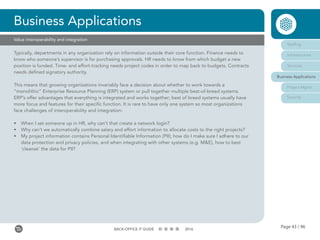 Page 43 / 96BACK-OFFICE IT GUIDE 2016
Typically, departments in any organization rely on information outside their core function. Finance needs to
know who someone’s supervisor is for purchasing approvals. HR needs to know from which budget a new
position is funded. Time- and effort-tracking needs project codes in order to map back to budgets. Contracts
needs defined signatory authority.
This means that growing organizations invariably face a decision about whether to work towards a
“monolithic” Enterprise Resource Planning (ERP) system or pull together multiple best-of-breed systems.
ERP’s offer advantages that everything is integrated and works together; best of breed systems usually have
more focus and features for their specific function. It is rare to have only one system so most organizations
face challenges of interoperability and integration:
•	 When I set someone up in HR, why can’t that create a network login?
•	 Why can’t we automatically combine salary and effort information to allocate costs to the right projects?
•	 My project information contains Personal Identifiable Information (PII); how do I make sure I adhere to our
data protection and privacy policies, and when integrating with other systems (e.g. M&E), how to best
‘cleanse’ the data for PII?
Business Applications
Value interoperability and integration
Staffing
Infrastructure
Services
Business Applications
Project Mgmt
Security
 