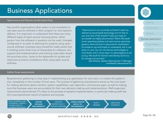 Page 44 / 96BACK-OFFICE IT GUIDE 2016
Non-profits organizations often select or are mandated to
use open-source software in their program or core systems
delivery. It is important to understand that there are many
different types of open-source licensing terms, which
govern how the software in question can be used, changed,
configured or re-used. In planning for projects using open-
source software, business users should be made aware that
in looking at the Total Cost of Ownership for software, the
support and implementation and training costs often dwarf
the purchase price. Jump to the Appendix for guides and
resources to ensure compliance when using open-source
software.
Business Applications
Open-source and free are not the same thing
“Open-source is not as trendy and doesn’t seem as
relevant as cloud-based technology, but it’s free to
use, and most of the simple IT tasks you hope to
accomplish are highly documented. Within Microsoft
server operating systems and open-source operating
systems, there are built in resources for visualization.
It’s simple to use and simple to understand, and it cuts
down on cost. You can mix the two technologies at
most levels, and in some ways it is advantageous to do
so (e.g. Microsoft for Domain and Identity and Linux
for storage and services).”
Jojo Almario, System Administrator IT Manager,
IntraHealth International Inc.
Requirements gathering is a key step in implementing any application for end users, no matter the system‘s
size, complexity or the number of end users. The process of gathering requirements serves as the core basis
for making decisions about vendors, system capabilities, user alignment, and process gaps, as well as making
sure that business users are accountable for their own decision-making and implementation. Well-organized
requirements demonstrate IT’s value to the process of systems implementation, in particular helping staff see
the cross-operational nature of systems and process.
Gather those requirements
BUILD BUSINESS CASE +
DETERMINE CURRENT +
FUTURE STATE OF
BUSINESS PROCESSES
SELECT
VENDOR
NEGOTIATE
CONTRACT
ANALYZE
MARKETPLACE +
ENGAGE VENDORS
GATHER
DETAILED
REQUIREMENTS
ASSESS VENDOR
MATCH TO
REQUIREMENTS
Staffing
Infrastructure
Services
Business Applications
Project Mgmt
Security
 