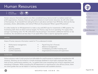 Page 69 / 96BACK-OFFICE IT GUIDE 2016
Human Resources
Program Systems
M&E
Reporting
Finance
Fundraising
Human Resources
Communications
•	 Learning
•	 Current state
Human resource information systems are often considered luxury items at small- to medium-sized non-
profit organizations. However, there are very good reasons to track human resources. As with other areas
of the business, IT can benefit from taking the time to ask about and learn how HR thinks: what are the key
processes, drivers, deliverables, and metrics? What are the pressures? What is good HR practice?
It is often harder for an HR department to make a very solid ROI case for investments in HRIS systems. For
fundraising staff, there are direct revenue targets. For finance, easy tie-ins to spending. For supply chain,
savings in purchasing costs. For HR, while there may be savings in recruitment, additional retention or risk
avoidance, the calculations are less clear. IT can assist HR to make a case for appropriate systems.
Online solutions make it both practical and affordable for small business to implement comprehensive HR
solutions. Solutions can be limited to a simple employee database to store basic employee data, keep
track of hours, performance statistics, etc., to systems that cover everything from hiring to separation and
everything in between. While consulting the HR department on requirements is the obvious choice, there
are online guides that can be helpful in matching requirements with available solutions.
Learning
Current state
Areas of human resource information needs for IT to understand include:
•	 Performance management;
•	Benefits;
•	 Learning systems;
•	 Conflict resolution;
•	 Payroll (may be in finance);
•	 Absence management;
•	 Timekeeping and effort tracking; and
•	 Organizational structure and supervision.
 