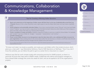 Page 72 / 96BACK-OFFICE IT GUIDE 2016
Communications, Collaboration
& Knowledge Management
“Sit down and make it as simple as possible, and create your sub-folders within that simple structure, which
gives you a clear path,” says Slobodanka Velickova, Head of GBI Operations at NetHope. “Even if you don’t
know the activities, you can follow the path to get to a certain form or document or a report.”
Velickova says that her work consists mostly with contracting services for USAID projects, so there is a
particular structure that maps well to USAID’s needs. Collaborate with admins and program managers to
find a shared folder strategy that covers the needs for both, and can be applied to all of the organization’s
projects.
Tips for Creating a Winning Folder Structure
•	 Space and underscores at the beginning of folder names will float them to the top of alphabetically sorted lists (e.g.
_Projects). Beware of this, unless intentional; users might expect to see the folder listed lower and may create a duplicate
folder.
•	 Avoid ambiguous and potentially redundant folders. If you have a top level folder named “Pictures” and a top level folder
named “Projects,” you may not want a copy photos from the field into both. Determine which folder you’d like to keep, or
place one folder inside of the other (e.g. Pictures within Projects).
•	 Create a template of empty sub-folders. Establish a base set of folders to serve as a model for future folders. For example,
each “project” may have a folder for “budget,” “proposals,” “presentations,” and “archive.”
•	 Consider starting over.
•	 If your current folder structure is too disorganized, wipe the slate clean with a new, well-planned folder structure for
your organization. Move existing items to the correct place within this new structure, or choose a cutoff date when the old
location becomes read-only and any changes must be copied to the new location.
Source: Digital Asset Management Best Practices and Inspiration: http://www.damlearningcenter.com/resources/articles/5-tips-for-setting-up-an-
organized-folder-structure/
Program Systems
M&E
Reporting
Finance
Fundraising
HR
Communications...
 