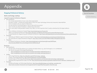 Page 92 / 96BACK-OFFICE IT GUIDE 2016
Appendix
Engaging Professional Advisory
Build a technology roadmap
Logical/Conceptual Architecture Diagrams
•	 Do’s and Don’ts
»» Do include representations of your users where appropriate
»» Do keep it simple – include just enough detail to show the major technology choices and component responsibilities
»» Do be consistent with your levels of abstraction
»» Do use vertical (or horizontal) layers or tiers to help with the structure
»» Don’t include any physical hardware or deployment information
»» Don’t worry about using standard notation (e.g. UML), it’s more important that it’s easily understood by the target audience
•	 Guides
»» How is Software Architecture Created? http://www.bredemeyer.com/howto.htm
»» What is Conceptual Architecture? http://www.ruthmalan.com/ByTopic/Architecture/ConceptualArchitecture.htm
»» Simple Sketches for Diagramming your Software Architecture: http://www.methodsandtools.com/archive/softwarearchitecturesketches.php
•	 Examples
»» Techtribes.je’s Website Logical Containers Diagram: http://www.methodsandtools.com/archive/archisketches3.png
»» Sun Portal Service Logical Architecture Diagram: http://docs.oracle.com/cd/E19528-01/820-2195/gezkd/index.html
•	 Templates
»» Conceptual Architecture Template: http://www.bredemeyer.com/ArchitectingProcess/VAPPhases
ActionGuides/20060215ConcArchDiagramAction%20Guide.pdf
Roadmaps
•	 Do’s and Don’ts
»» Do start with a format that allows you to quickly and easily iterate, e.g., pencil and paper or on a whiteboard
»» Ten Tips for Successful Technology Roadmapping
*	 http://nexightgroup.com/ten-tips-for-successful-technology-roadmapping-part-1/
*	 http://nexightgroup.com/ten-tips-for-successful-technology-roadmapping-part-2/
•	 Guides
»» Technology Roadmap: https://en.wikipedia.org/wiki/Technology_roadmap
»» Create a Technology Roadmap: http://www.entrepreneur.com/article/83000
»» Fundamentals of Technology Roadmapping: https://www.sopheon.com/fundamentals-technology-roadmapping/
»» NetHope/CRS Organizational Guide to ICT4D: http://solutionscenter.nethope.org/assets/collaterals/Oct23_NetHope_GuideLayout.pdf
•	 Examples
»» Visualizing Strategic and Technology Roadmaps: http://www.albrightstrategy.com/roadmap_examples.html
»» http://www.innovation-framework.com/images/stories/ift-images/Roadmap-graphic-illustration.jpg
Tools & Templates
Further Reading
 