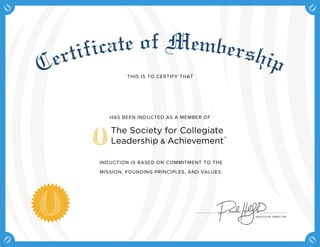 EXECUTIVE DIRECTOR
Certificate of MembershipTHIS IS TO CERTIFY THAT
HAS BEEN INDUCTED AS A MEMBER OF
INDUCTION IS BASED ON COMMITMENT TO THE
MISSION, FOUNDING PRINCIPLES, AND VALUES.
JOAN LAWRENCE
GIVEN THIS 10TH DAY OF SEPTEMBER, 2016.
 