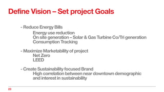 Define Vision – Set project Goals
- Reduce Energy Bills
Energy use reduction
On site generation – Solar & Gas Turbine Co/Tri generation
Consumption Tracking
- Maximize Marketability of project
Net Zero
LEED
- Create Sustainability focused Brand
High correlation between near downtown demographic
and interest in sustainability
23
 