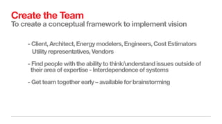 Create the Team
To create a conceptual framework to implement vision
- Client, Architect, Energy modelers, Engineers, Cost Estimators
Utility representatives, Vendors
- Find people with the ability to think/understand issues outside of
their area of expertise - Interdependence of systems
- Get team together early – available for brainstorming
 