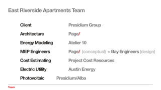 East Riverside Apartments Team
Client Presidium Group
Architecture Page/
Energy Modeling Atelier 10
MEP Engineers Page/ (conceptual) + Bay Engineers (design)
Cost Estimating Project Cost Resources
Electric Utility Austin Energy
Photovoltaic Presidium/Alba
Team
 