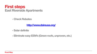 First steps
East Riverside Apartments
- Check Rebates
http://www.dsireusa.org/
- Solar definite
- Eliminate easy EEM’s (Green roofs, unproven, etc.)
Road Map
 