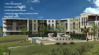 Presidium
1.DefineVision/Cleargoals
2.PuttogetheragreatTeam
3.IdentifyEnergyEfficientMeasures
4.MethodicallyevaluateReturnonInvestmentofEEM’s
5.FormatInformation
 