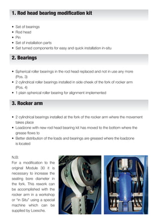 • Set of bearings
• Rod head
• Pin
• Set of installation parts
• Set turned components for easy and quick installation in-situ
• Spherical roller bearings in the rod head replaced and not in use any more
(Pos. 3)
• 2 cylindrical roller bearings installed in side cheek of the fork of rocker arm
(Pos. 4)
• 1 plain spherical roller bearing for alignment implemented
• 2 cylindrical bearings installed at the fork of the rocker arm where the movement
takes place
• Loadzone with new rod head bearing kit has moved to the bottom where the
grease ﬂows to
• Better distribution of the loads and bearings are greased where the loadzone
is located
N.B:
For a modiﬁcation to the
original Module 30 it is
necessary to increase the
seating bore diameter in
the fork. This rework can
be accomplished with the
rocker arm in a workshop
or “in Situ” using a special
machine which can be
supplied by Loesche.
1. Rod head bearing modiﬁcation kit
2. Bearings
3. Rocker arm
 