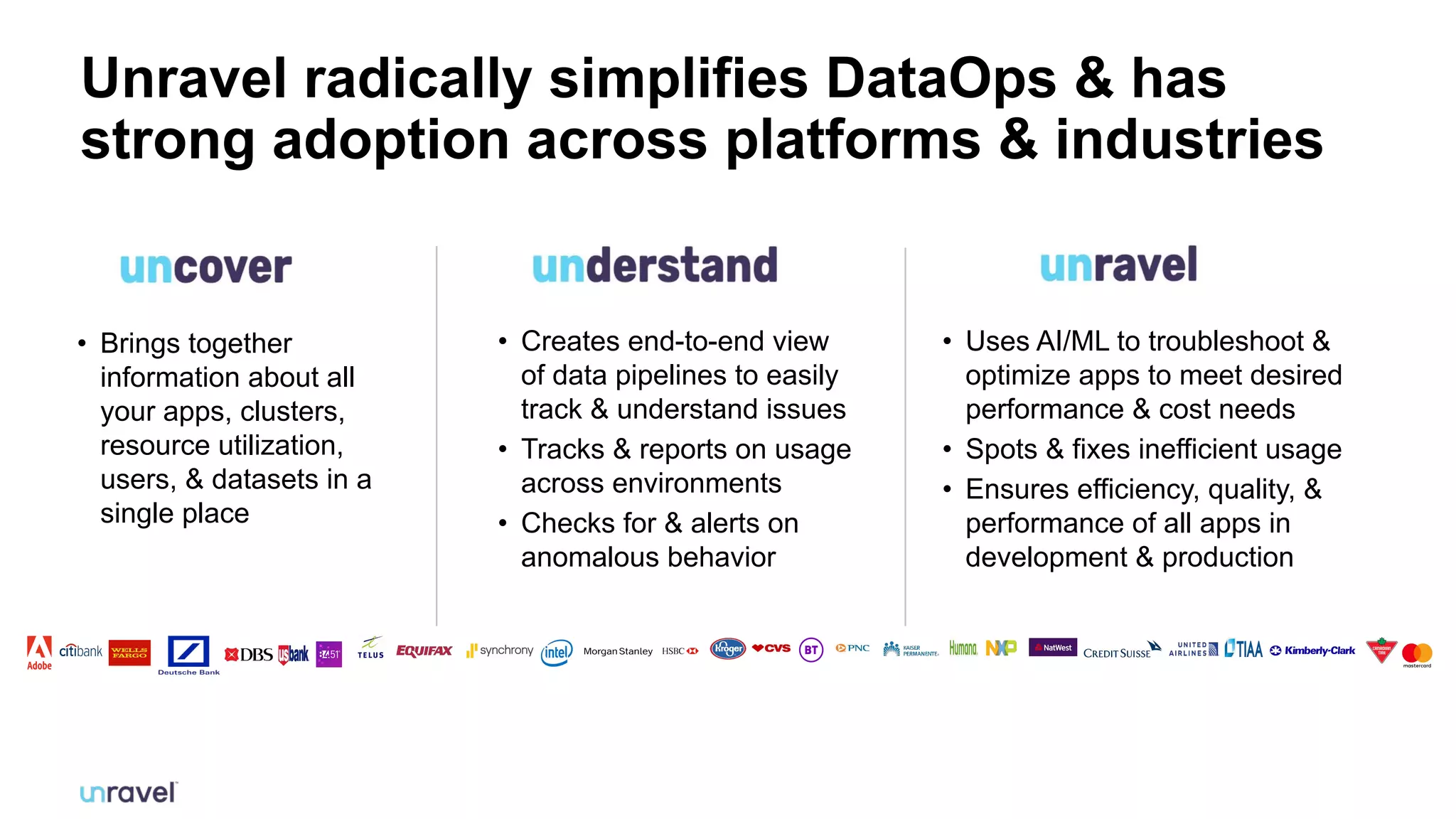 3
Unravel radically simplifies DataOps & has
strong adoption across platforms & industries
• Brings together
information about all
your apps, clusters,
resource utilization,
users, & datasets in a
single place
• Creates end-to-end view
of data pipelines to easily
track & understand issues
• Tracks & reports on usage
across environments
• Checks for & alerts on
anomalous behavior
• Uses AI/ML to troubleshoot &
optimize apps to meet desired
performance & cost needs
• Spots & fixes inefficient usage
• Ensures efficiency, quality, &
performance of all apps in
development & production
 