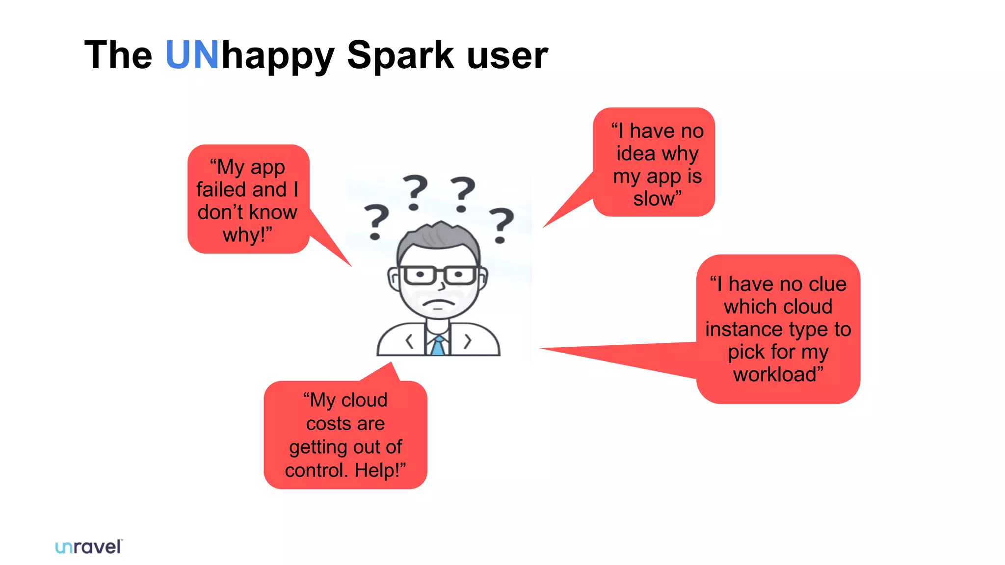 6
6
#UnifiedAnalytics #SparkAISummit
“I have no clue
which cloud
instance type to
pick for my
workload”
“My cloud
costs are
getting out of
control. Help!”
“I have no
idea why
my app is
slow”
“My app
failed and I
don’t know
why!”
The UNhappy Spark user
 