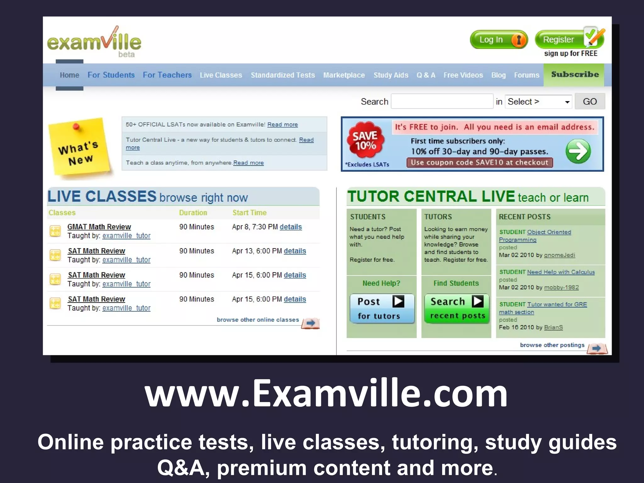 www.Examville.com Online practice tests, live classes, tutoring, study guides Q&A, premium content and more . 