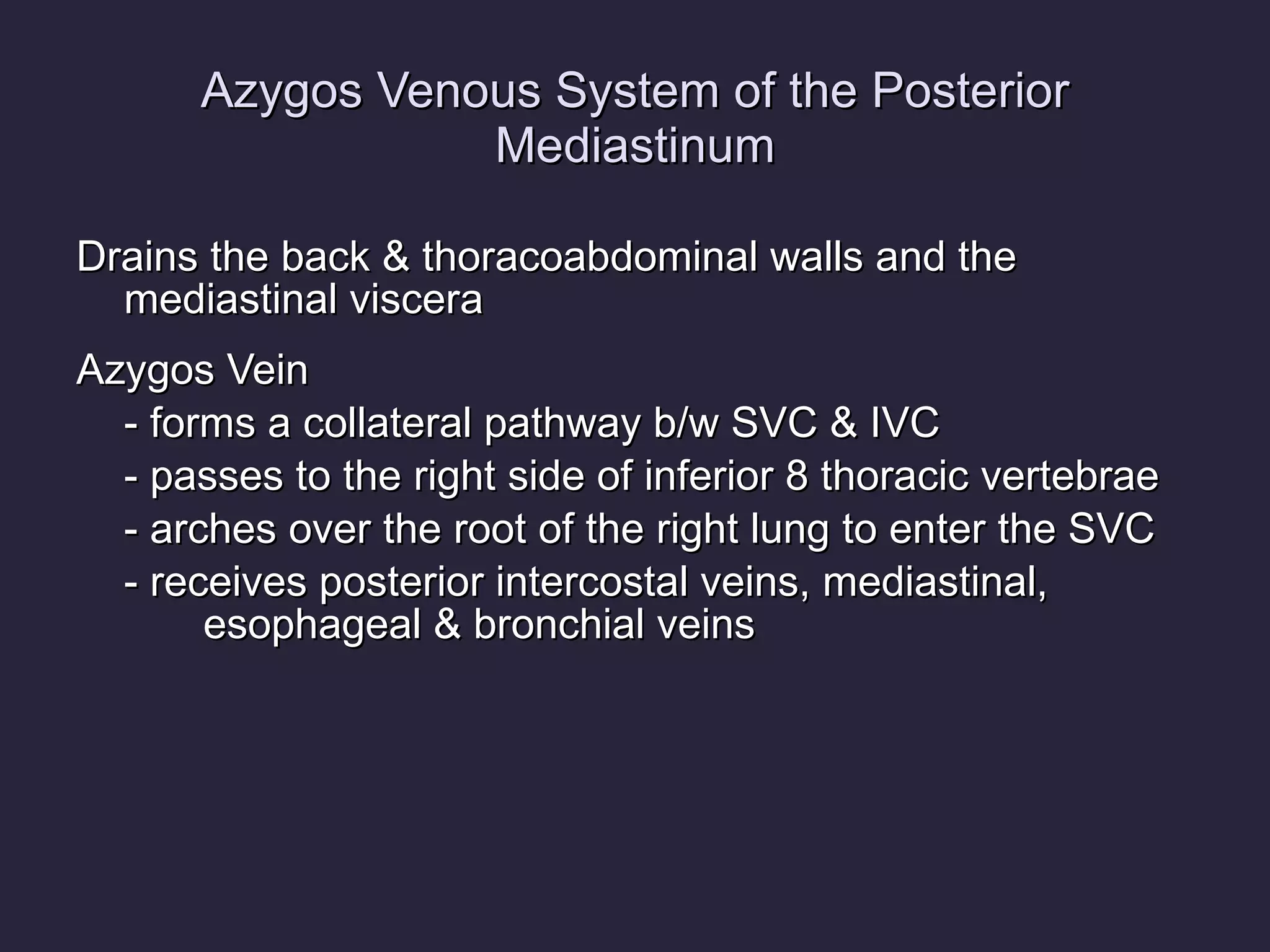 Azygos Venous System of the Posterior Mediastinum Drains the back & thoracoabdominal walls and the mediastinal viscera Azygos Vein - forms a collateral pathway b/w SVC & IVC - passes to the right side of inferior 8 thoracic vertebrae - arches over the root of the right lung to enter the SVC - receives posterior intercostal veins, mediastinal, esophageal & bronchial veins 