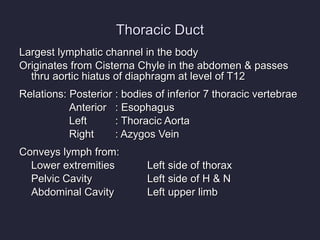 Thoracic Duct Largest lymphatic channel in the body Originates from Cisterna Chyle in the abdomen & passes thru aortic hiatus of diaphragm at level of T12 Relations: Posterior : bodies of inferior 7 thoracic vertebrae   Anterior  : Esophagus   Left : Thoracic Aorta   Right  : Azygos Vein Conveys lymph from: Lower extremities Left side of thorax Pelvic Cavity Left side of H & N Abdominal Cavity Left upper limb 