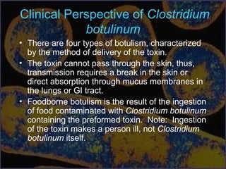 Clinical Perspective of Clostridium
botulinum
• There are four types of botulism, characterized
by the method of delivery of the toxin.
• The toxin cannot pass through the skin, thus,
transmission requires a break in the skin or
direct absorption through mucus membranes in
the lungs or GI tract.
• Foodborne botulism is the result of the ingestion
of food contaminated with Clostridium botulinum
containing the preformed toxin. Note: Ingestion
of the toxin makes a person ill, not Clostridium
botulinum itself.
 