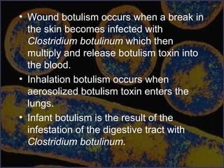 • Wound botulism occurs when a break in
the skin becomes infected with
Clostridium botulinum which then
multiply and release botulism toxin into
the blood.
• Inhalation botulism occurs when
aerosolized botulism toxin enters the
lungs.
• Infant botulism is the result of the
infestation of the digestive tract with
Clostridium botulinum.
 
